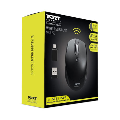 Port Wireless Silent 3600DPI 3 Button USB and Type-C Dongle Mouse - Black