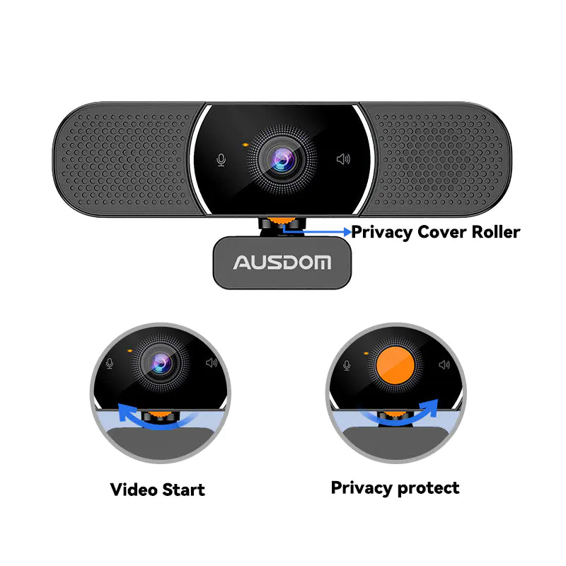 Ausdom AW616 2K PC Web Camera with Built in Speakers - Black