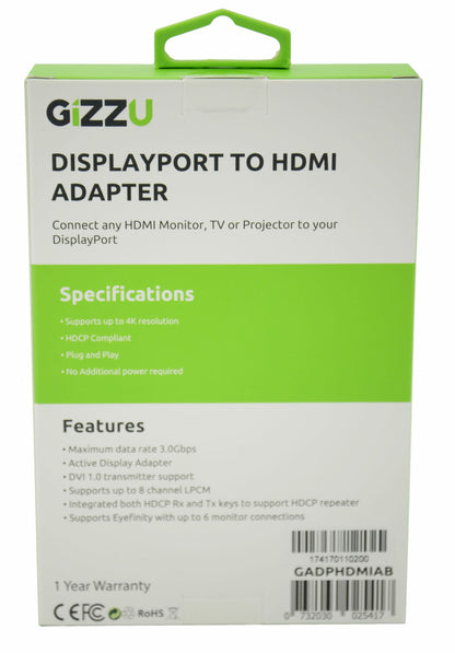 GIZZU Active DisplayPort to HDMI Adapter