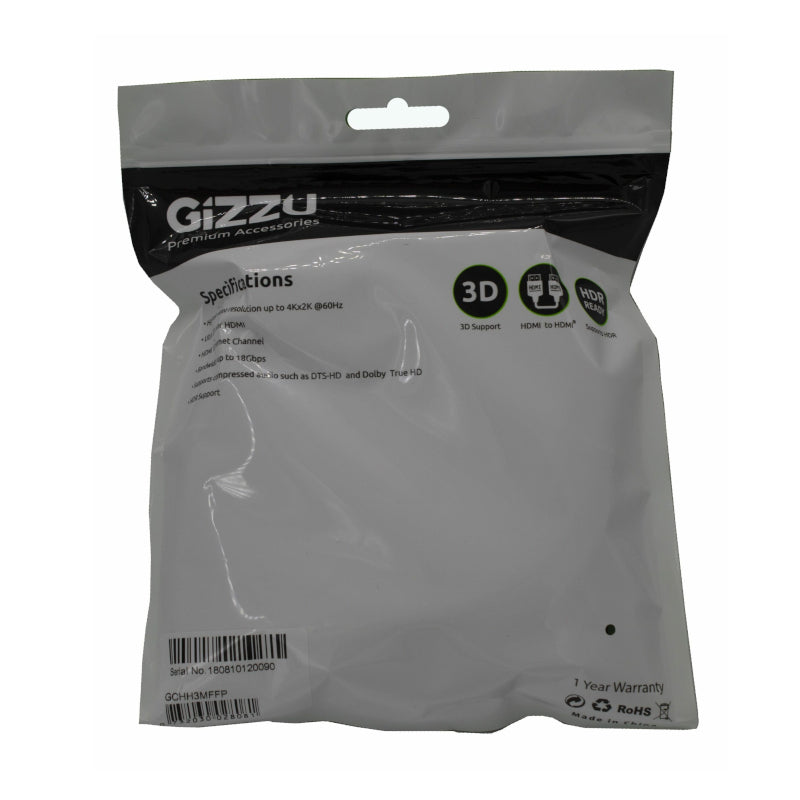 GIZZU High Speed V2.0 HDMI 3m Cable with Ethernet Polybag