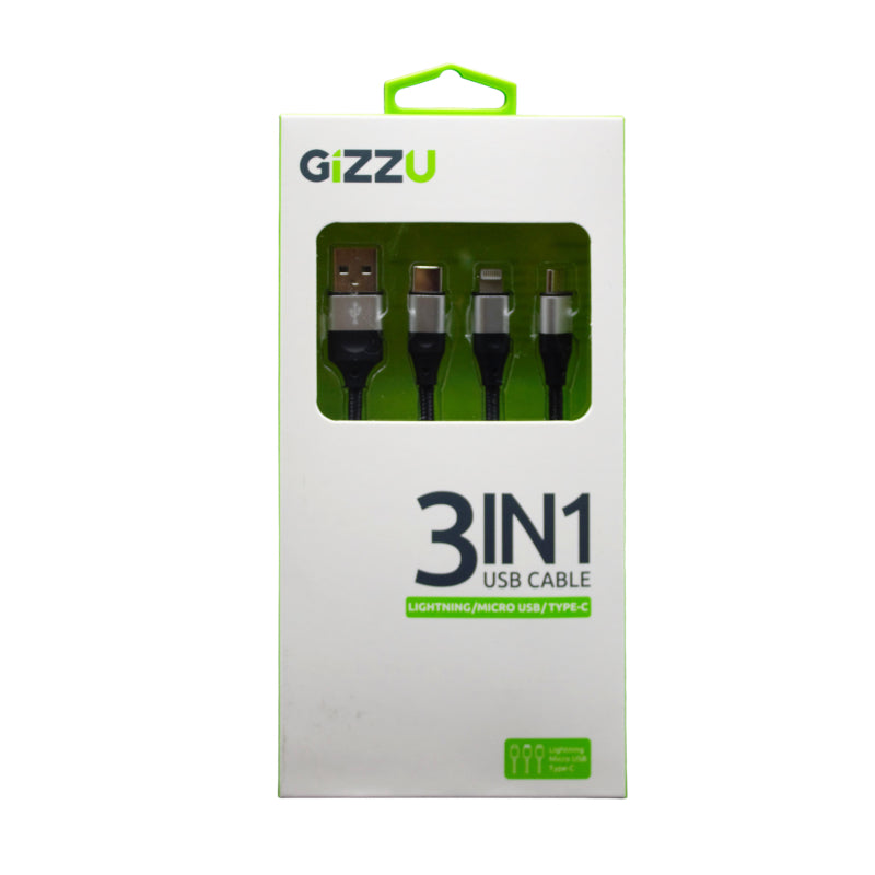 GIZZU 3in1 USB to Micro USB/Type-C/Lightning 1.2m Cable - Black